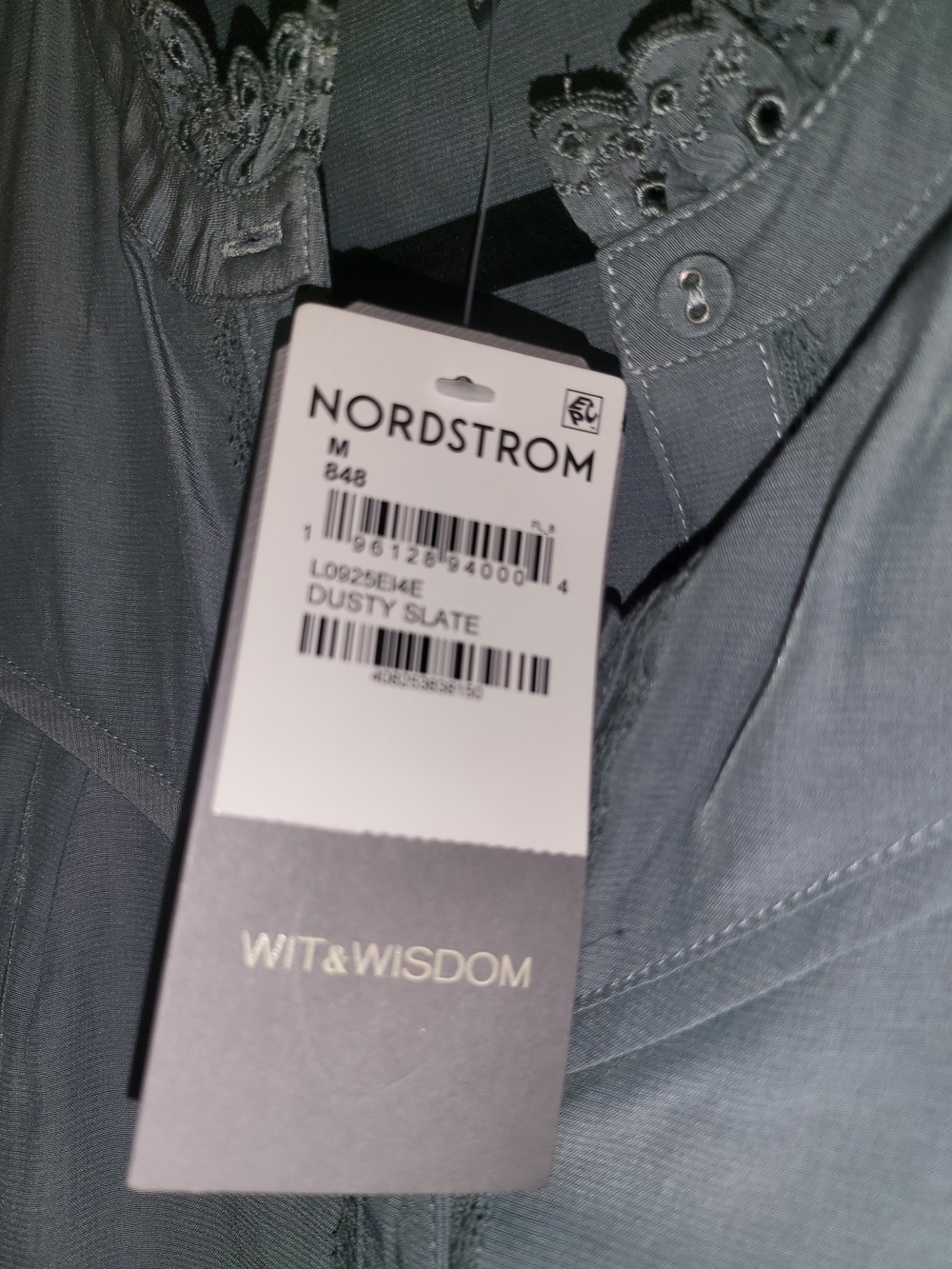 Wit & Wisdom Dusty Teal Lace-Trim ButtonUp Blouse Sz Medium Nwt New Dusty Slate - Picture 4 of 14